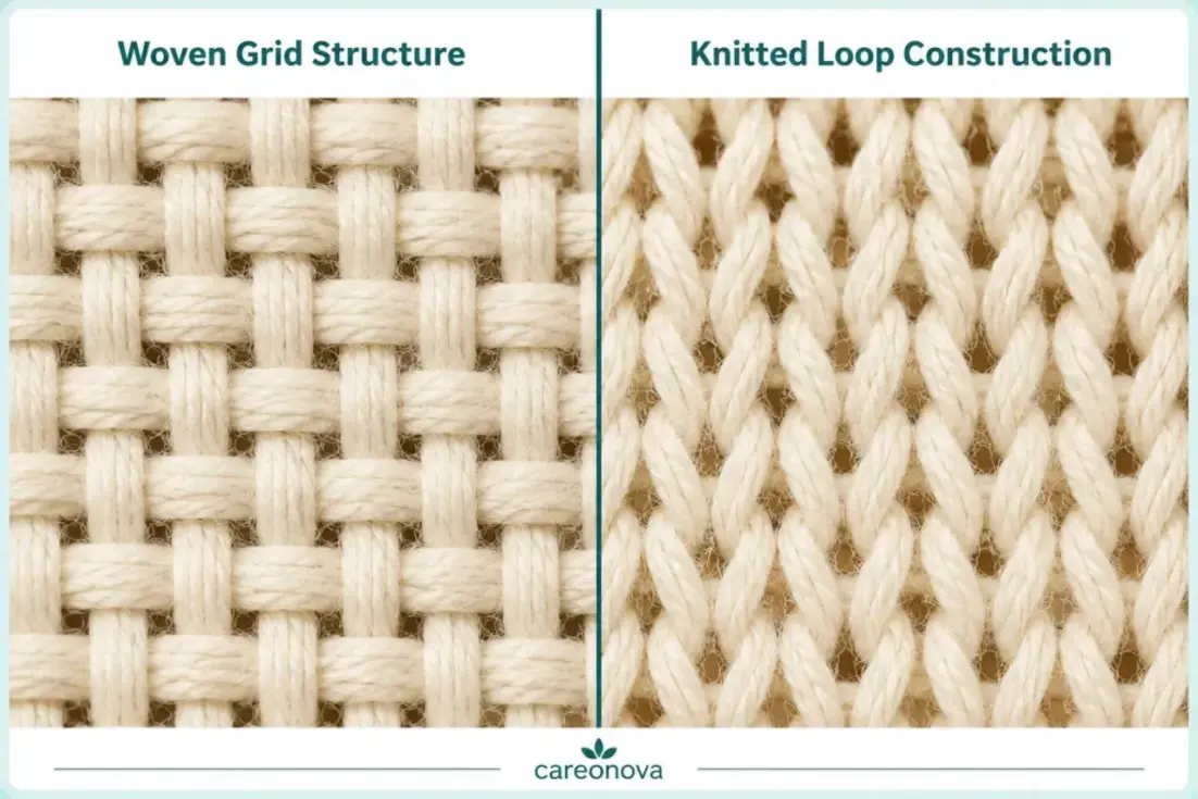 Side-by-side close-ups show a woven grid structure and a knitted loop construction in cream-colored fabric.