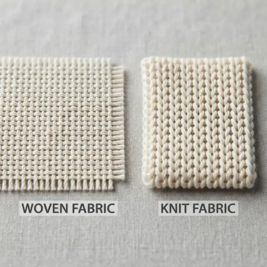 Close-up comparison of dense woven fabric and loosely knitted fabric swatches labeled “WOVEN FABRIC” and “KNIT FABRIC.”