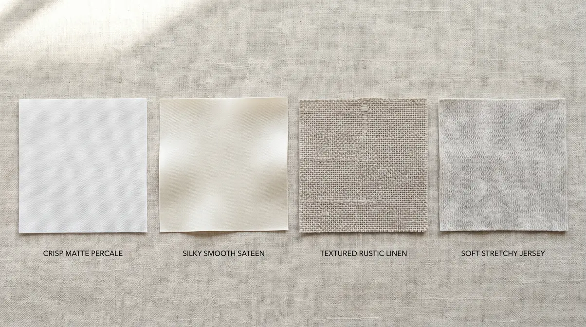 Four fabric swatches labeled crisp matte percale, silky smooth sateen, textured rustic linen, and soft stretchy jersey.