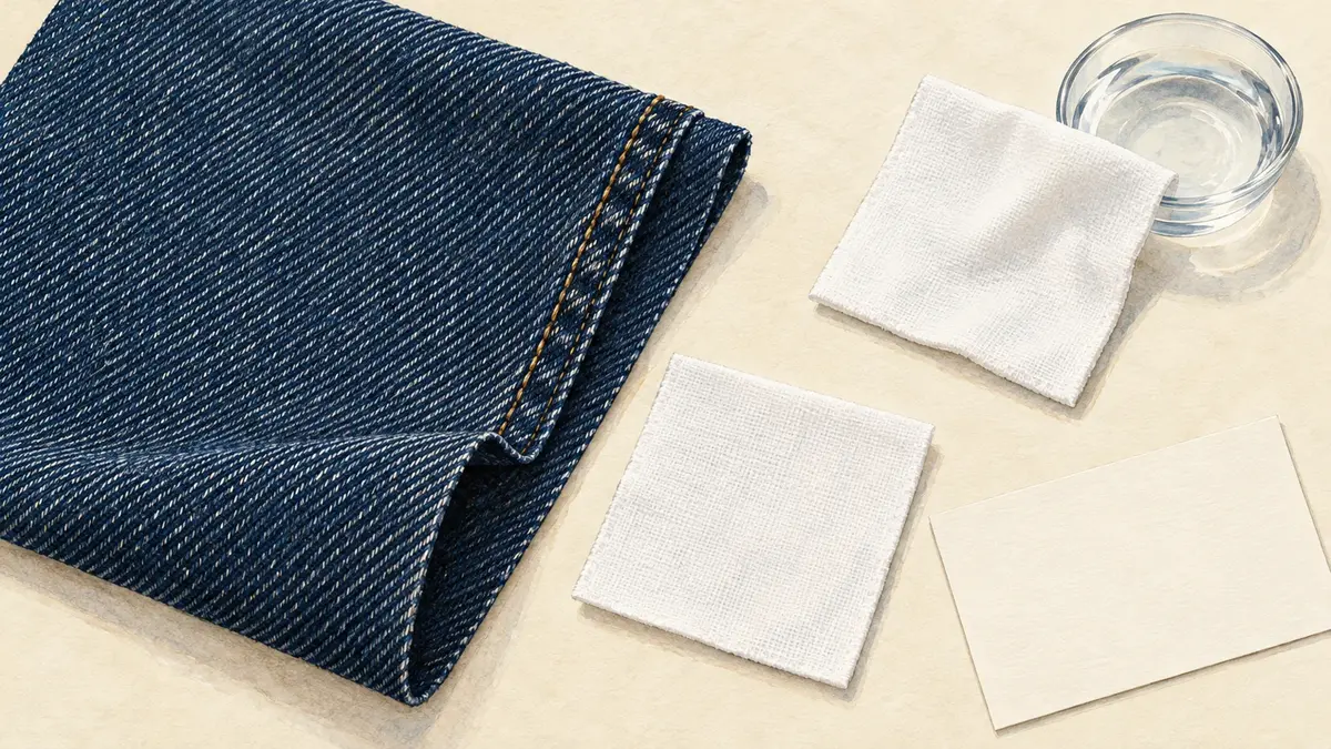 Dark denim fabric, two white cloth squares, a white card, and a small glass of water arranged on a surface.
