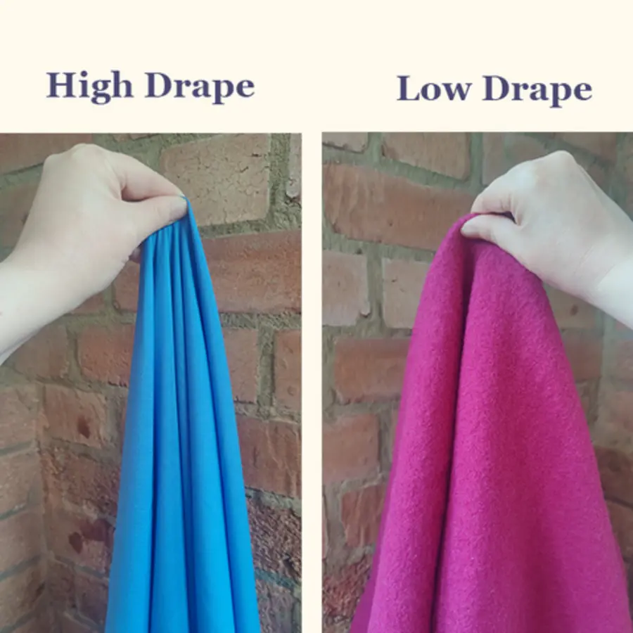 Hands hold blue and pink fabrics vertically, labeled “High Drape” and “Low Drape” for comparison.
