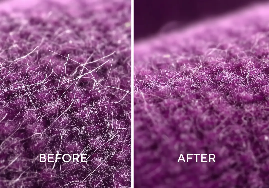 Split image comparing purple fabric before and after washing, showing more pronounced fuzzy fibers on the left.
