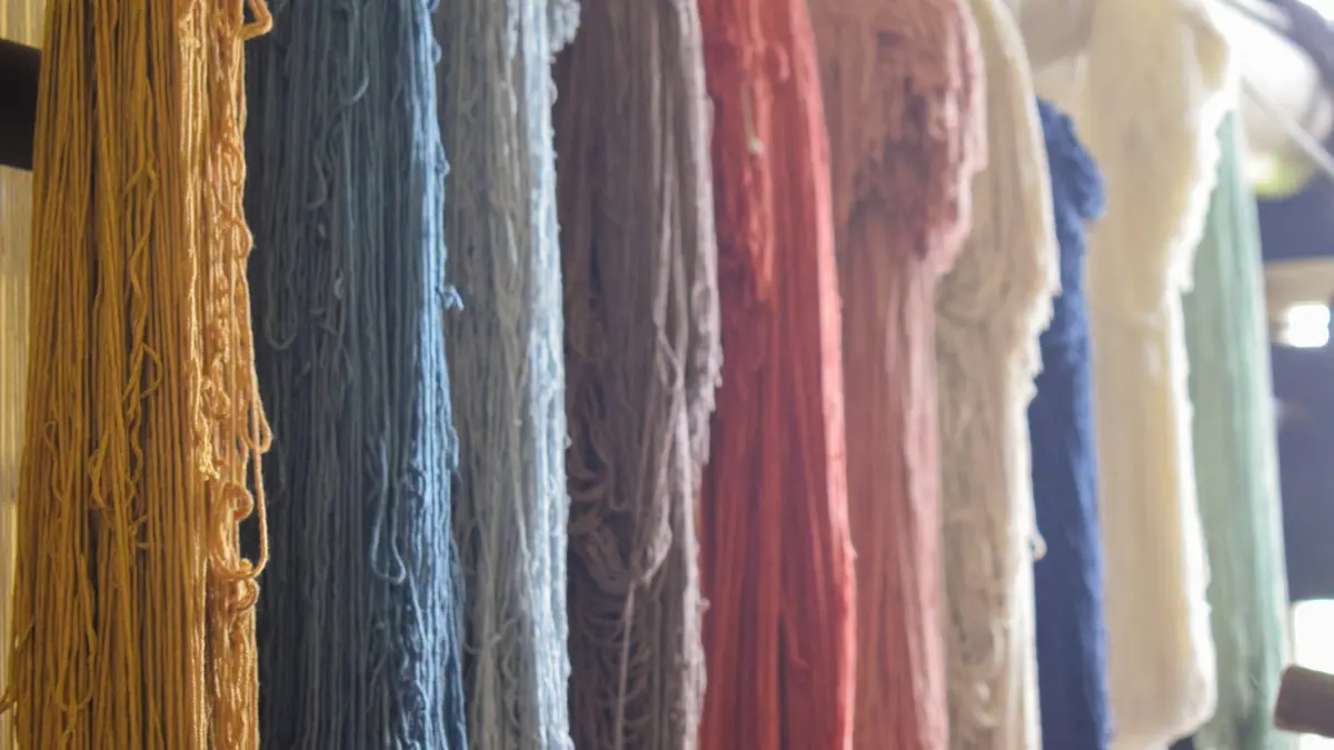 Colorful strands of dyed textiles hanging in a studio setting.
